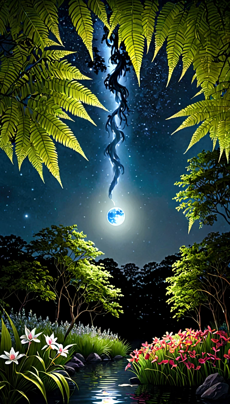 super moon,moonlit night,(Masterpiece, Best quality, High quality, A high resolution:1.4), Extremely detailed, ambient soft lighting, 4K, Outdoors, Nature, forest, green trees, Grass, a plant, Flowers, River, Caustics, water flow, Ripples, (waterfallr:1.2), pond, jungles, dense foliage, fern, fantastic scenery, transparency, angles looking up from below, various jewels falling from the sky, wonderful and beautiful superb view, slightly hazy, fantastic, high resolution, 8K, (best quality, highres, realistic:1.37), shiny metallic flowers, intricate and delicate petals, reflective surfaces, vibrant colors, intricate details, close-up view, surreal garden, surreal beauty, dreamy atmosphere, fine art, abstract botanicals, metallic sculpture, contrasting textures, ethereal glow,moonlit night