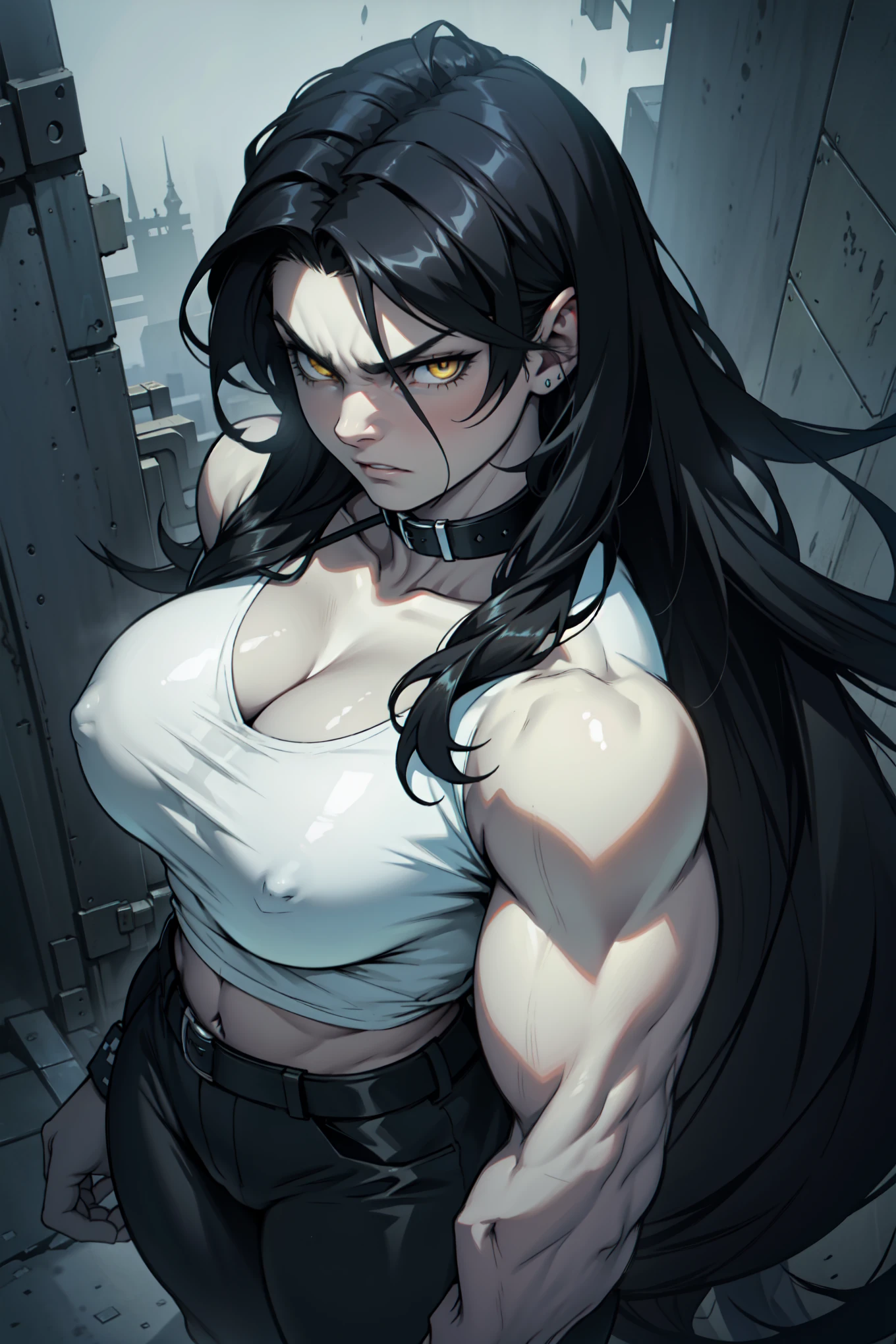 huge 1girl black hair yellow eyes very long hair pale skin angry (((muscular))) dark atmosphere foggy from above