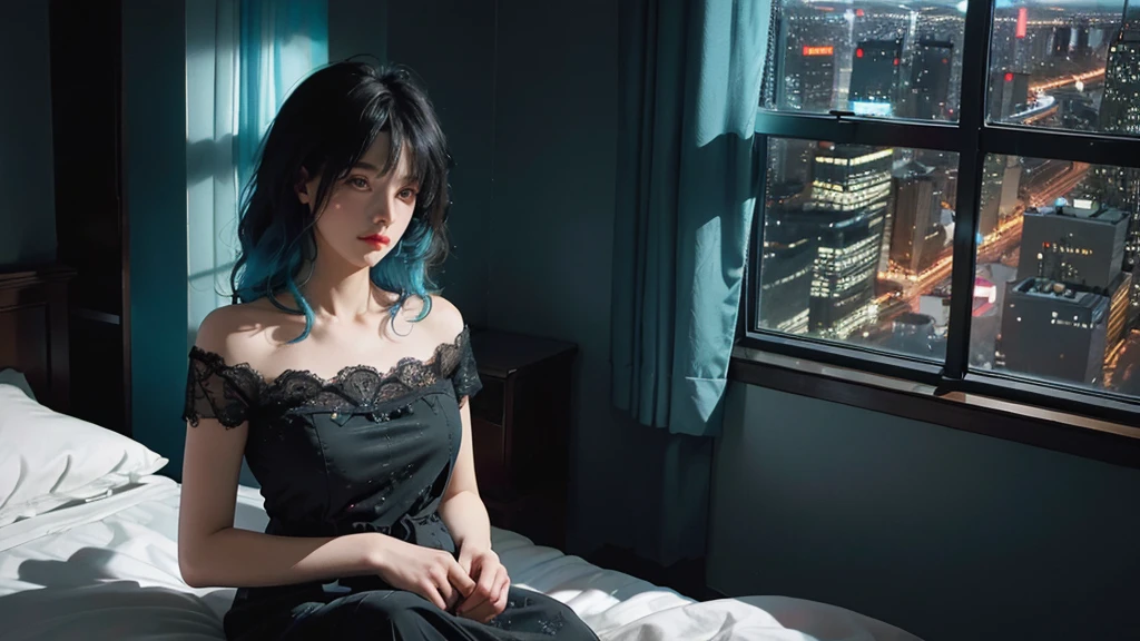 ((High quality, 8k, perfect quality, realistic)), beautiful, perfect face, gazing out the window, nighttime, ((dark room)), Before sleeping, restless, short nightgown, staring at the window, city night view, hair color black and cyan, night city