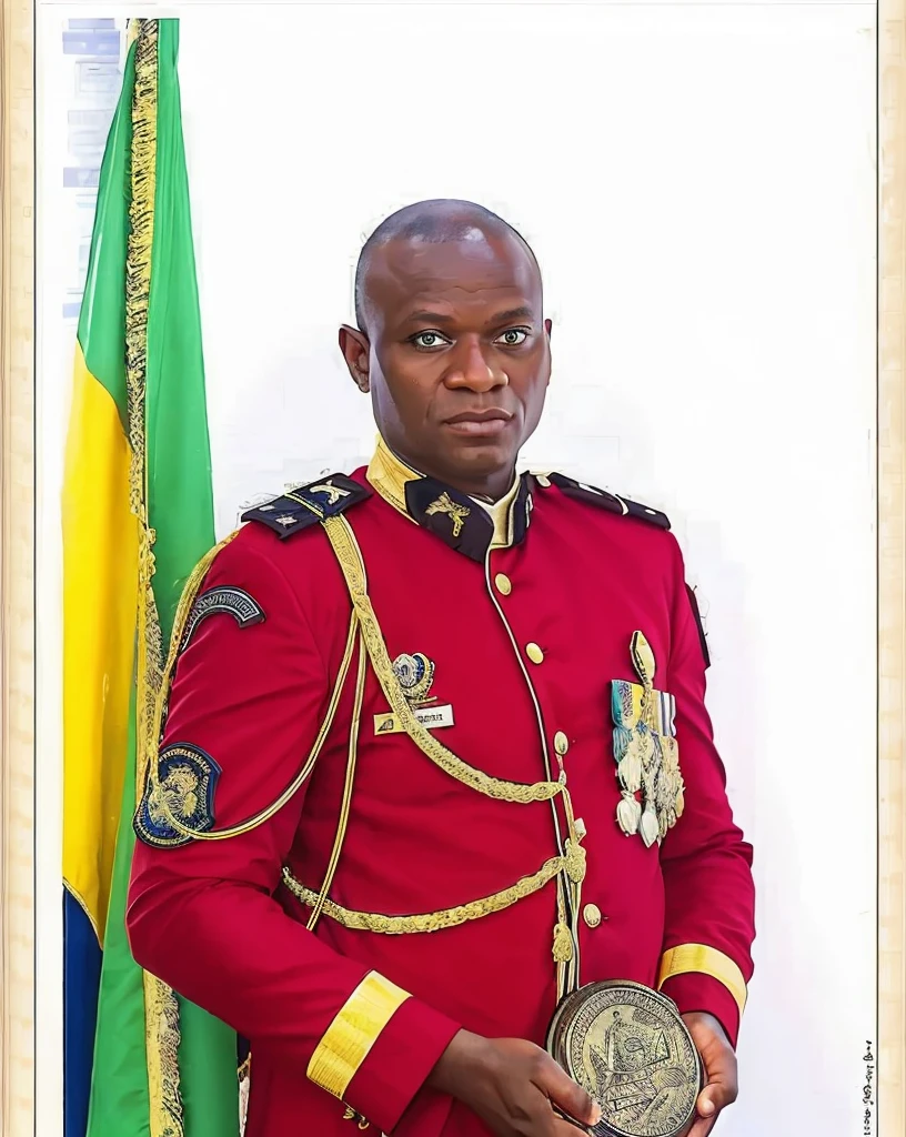 man in uniform holding a medal , Prince Adebanji, portrait n - 9, [ digital art, portrait de cérémonie, un sang-froid militaire impeccable, academy director, colored, General oligui, photographie de portrait en couleur,