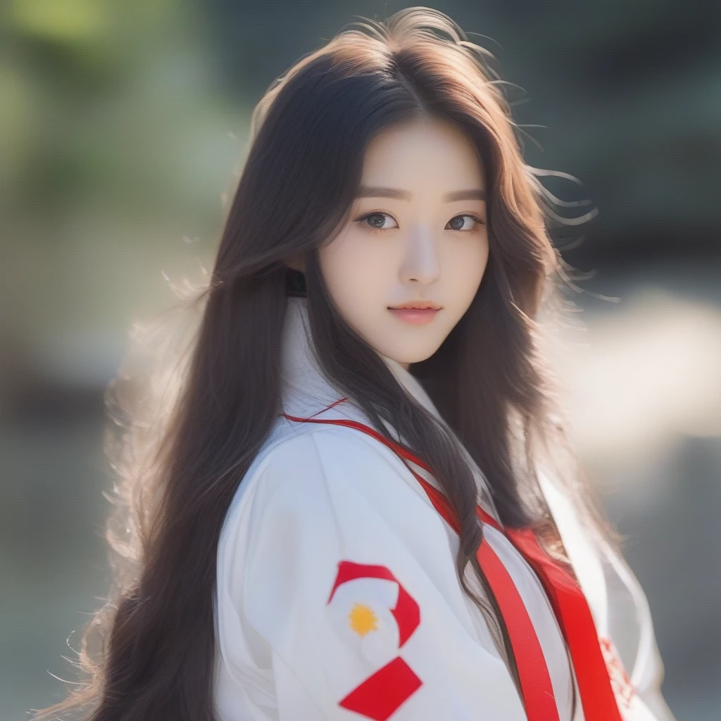 Korean girl, long hair, wearing japan uniform, poses to camera, Anime style