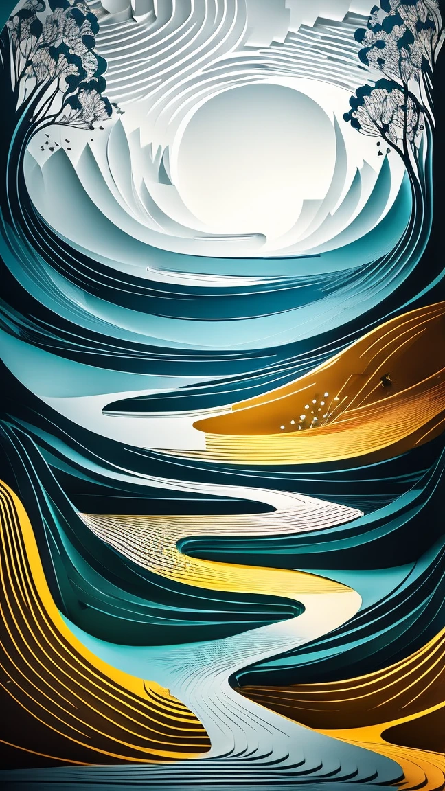 Imagine an abstract and playful composition, filled with geometric shapes and fluid lines that intertwine harmoniously. Triangles, squares, circles, and hexagons of varying sizes dance across the canvas, representing different aspects of architecture and design. The vibrant colors — blues, greens, yellows, oranges, and reds — are blended with softer tones of white and gray, creating a visual balance that attracts and inspires. Over the geometric shapes, subtle textures evoke architectural materials like concrete, wood, glass, and metal, adding depth and complexity to the image. Curved lines and spirals traverse the composition, symbolizing the continuous flow of ideas and creativity in constant motion. Among these shapes and lines, stylized elements of nature emerge: leaves, abstract flowers, and silhouettes of trees, integrating the natural with the constructed in a harmonious manner. Small technological icons, such as circuits and connectivity symbols, are subtly inserted, highlighting the modernity and innovation of Fdonati Studio. To add a touch of fantasy and imagination, surreal elements appear: staircases leading nowhere, floating doors, and windows open to a starry sky, suggesting infinite possibilities. At the top of the image, in elegant and inspiring letters, it reads: "Start the Week with Inspiration and Creativity!
