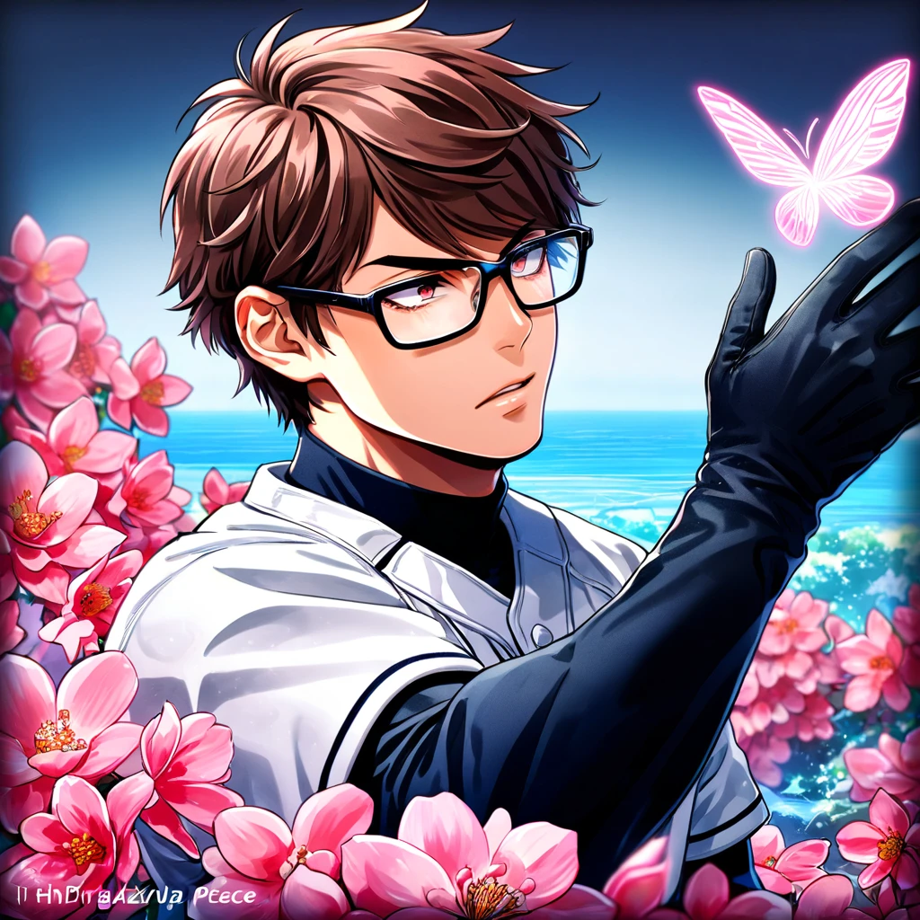 absurdres, highres, ultra detailed, HDR, master piece, best quality, Miyuki Kazuya, brown hair, messy and windswept, expressive amber eyes, glasses with black frames, diamond no ace, solo, sexy man, handsome, white baseball uniform, black gloves, magical, fantasy, shining, pink flowers, pink blossoms, pink butterflies, pink petals, water