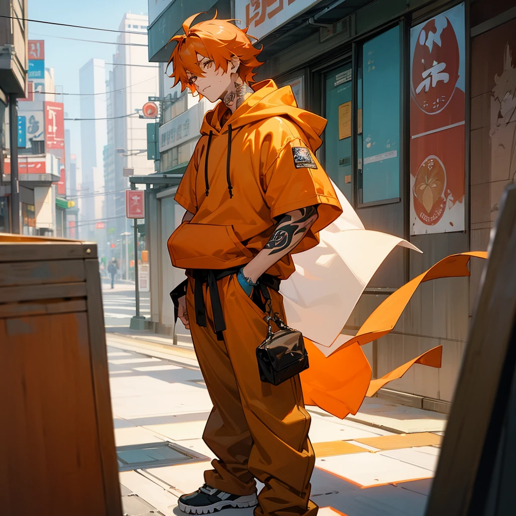 1male, adult, finely detailed honey eyes, wild medium hair, orange hair color, hoodie, baggy pants, standing on building, day time, tokyo streets, calm expression, muscular, tattoos