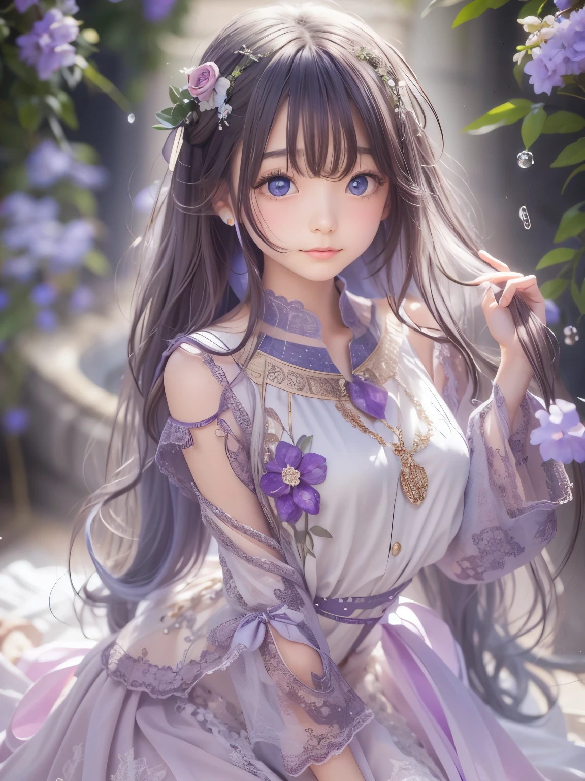 Realistic、８age、Real masterpieces, Highest quality, Highly detailed shape,1 Girl,alone, Image body, flower, Looking at the audience、 Purple eyes, Jewel-like eyes, Very beautiful eyes, Highly detailed face,, , star (null), star座, Purple Energy, handrail, 流star、Shiny, straight, long hair down to the waist, Beautiful shiny bangs、16ｋ、photograph、quality、