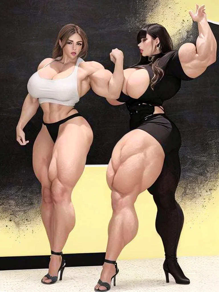 mulher arafiada de saia e camisa posando em frente a um quadro negro, poderoso e enorme, hyperestudante realista, exaggeratedly large physique, estudante realista, garota musculosa, huge legs towering over you, um hiperrealista , feminine and muscular, forte e imponente, huge muscles, huge muscles, big muscles, mulher ultraviolenta muscular