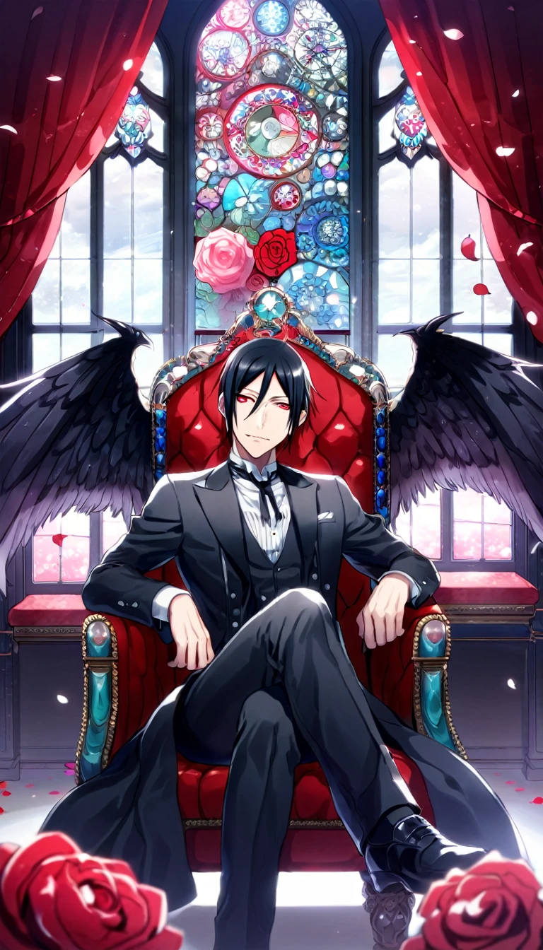Ultra detailed, Highres, absurdres, HDR, Sebastian Michaelis, black hair, expressive red eyes, black coat with patterns, Kuroshitsuji, white shirt, fantasy, red curtains, petals, handsome, sexy man, solo, very detailed eyes and face, master piece, toned chest, mansion, stained glass window, sitting, throne, black pants, Black Butler, black demon horns, black wings, magical, red roses, black feathers