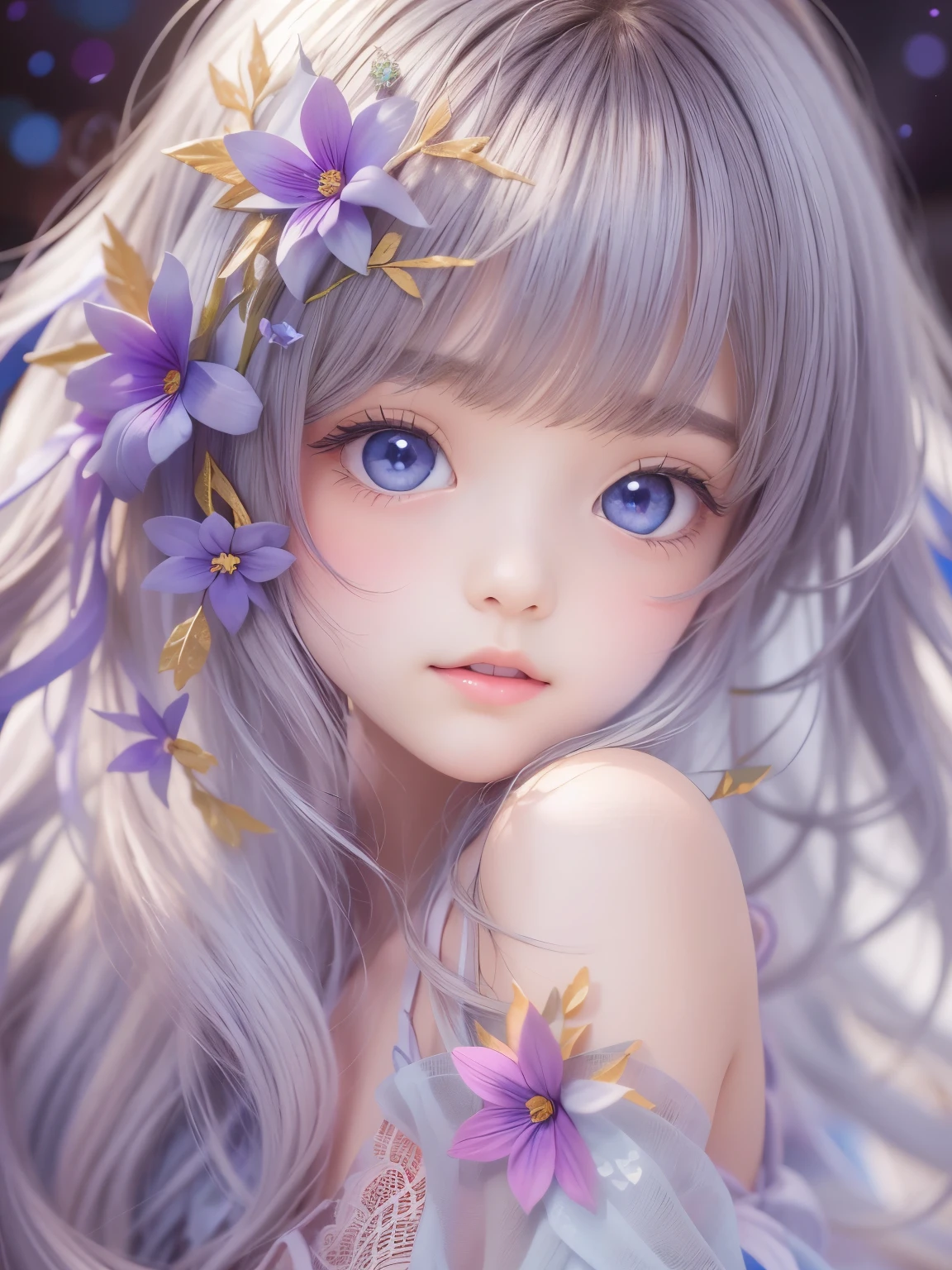 Realistic、８age、Real masterpieces, Highest quality, Highly detailed shape,1 Girl,alone, Image body, flower, Looking at the audience、 Purple eyes, Jewel-like eyes, Very beautiful eyes, Highly detailed face,, , star (null), star座, Purple Energy, handrail, 流star、Shiny, straight, long hair down to the waist, Beautiful shiny bangs、16ｋ、photograph、quality、