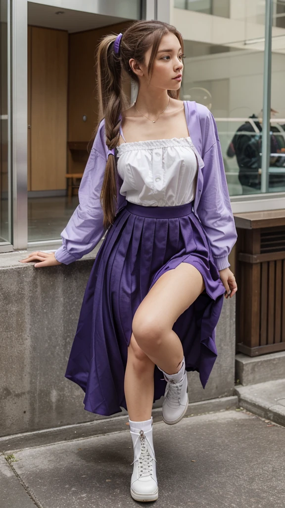 ((masterpiece, best quality))1girl, solo, fashion purple dress modern future, electric guitar, headphones, ponytail, holding, holding plectrum, instrument, very very long brown hair rapunzel, music, one side up, teal hair, twin tails, playing guiter, pleated long skirt fashion, fashion dress modern purple and white, interior, full body, purple, sit down in modern retro classic chair, walking, jumping, beautiful boot modern, background japan city, fashion costume cosplay japan modern
