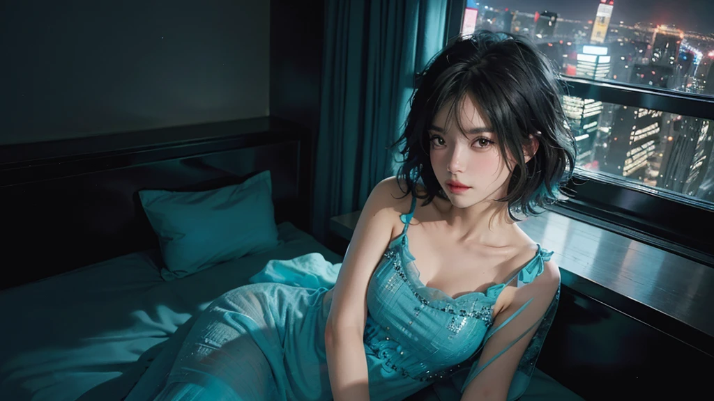 ((High quality, 8k, perfect quality, realistic)), beautiful, perfect face, gazing out the window, nighttime, ((dark room)), Before sleeping, restless, short nightgown, staring at the window, city night view, hair color black and cyan, night city