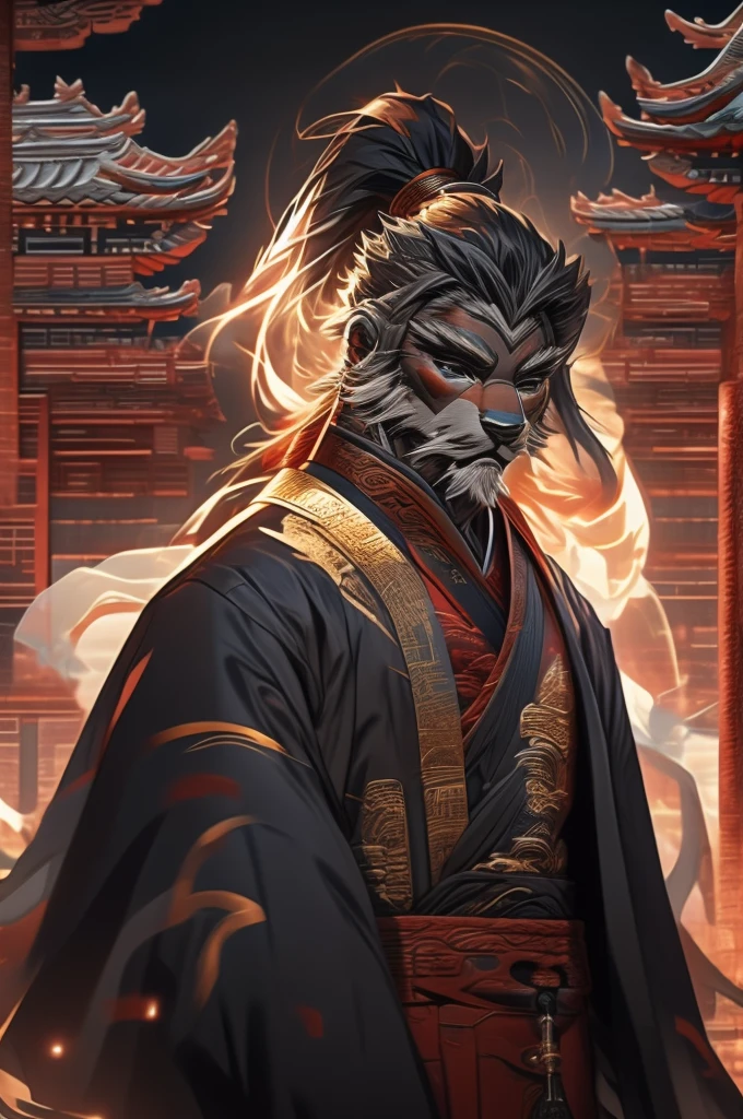 a man in a black robe, young and handsome man, ponytail, long hair, ancient Chinese clothing, qi, a huge saber, ancient Chinese buildings in the background, night, powerful character, purple rays, a beautiful landscape. Detailed face, thick eyebrows, black eyes, 8k, robe embroidered with gold edges, detailed clothing, xianxia, ​​world of cultivation.