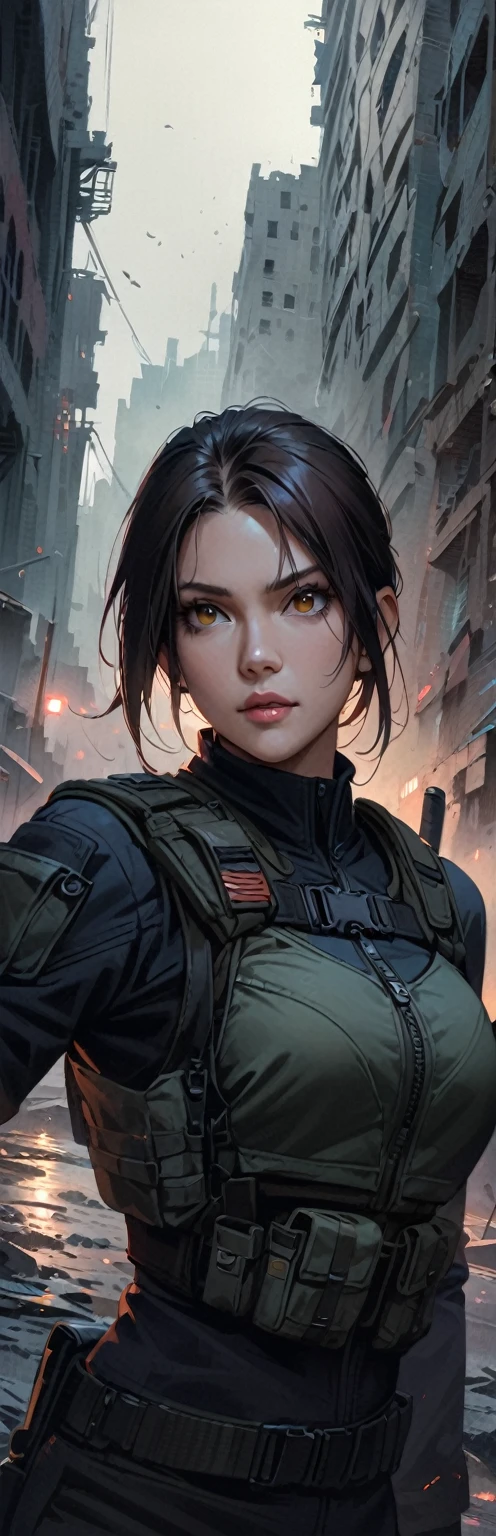 a beautiful detailed portrait of jill valentine from resident evil 3 nemesis, close-up shot, beautiful detailed eyes, beautiful detailed lips, extremely detailed face and features, long eyelashes, striking pose, confident expression, detailed tactical uniform, military style, combat ready, city ruins in the background, apocalyptic atmosphere, muted color palette, dramatic lighting, cinematic composition, masterpiece, 8k, high quality, photorealistic