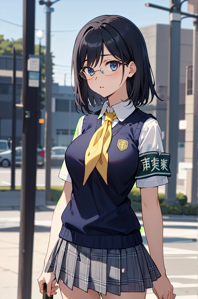 masterpiece, best quality, highres, aamii, short hair, black hair, blue eyes, glasses, , yellow neckerchief, collared shirt, sweater vest, (blue vest:1.2), short sleeves, armband, plaid skirt, grey skirt, standing, cowboy shot, outdoors,big breasts