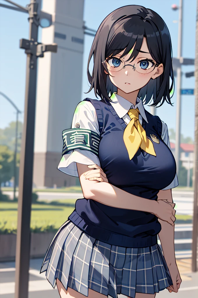 masterpiece, best quality, highres, aamii, short hair, black hair, blue eyes, glasses, , yellow neckerchief, collared shirt, sweater vest, (blue vest:1.2), short sleeves, armband, plaid skirt, grey skirt, standing, cowboy shot, outdoors,big breasts