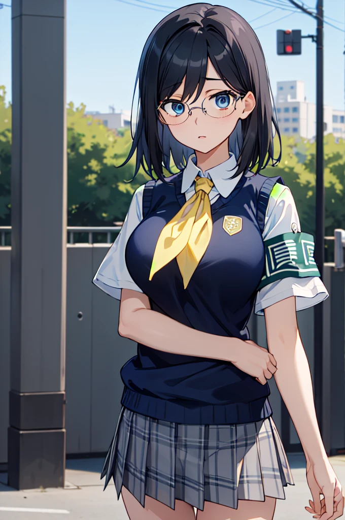 masterpiece, best quality, highres, aamii, short hair, black hair, blue eyes, glasses, , yellow neckerchief, collared shirt, sweater vest, (blue vest:1.2), short sleeves, armband, plaid skirt, grey skirt, standing, cowboy shot, outdoors,big breasts