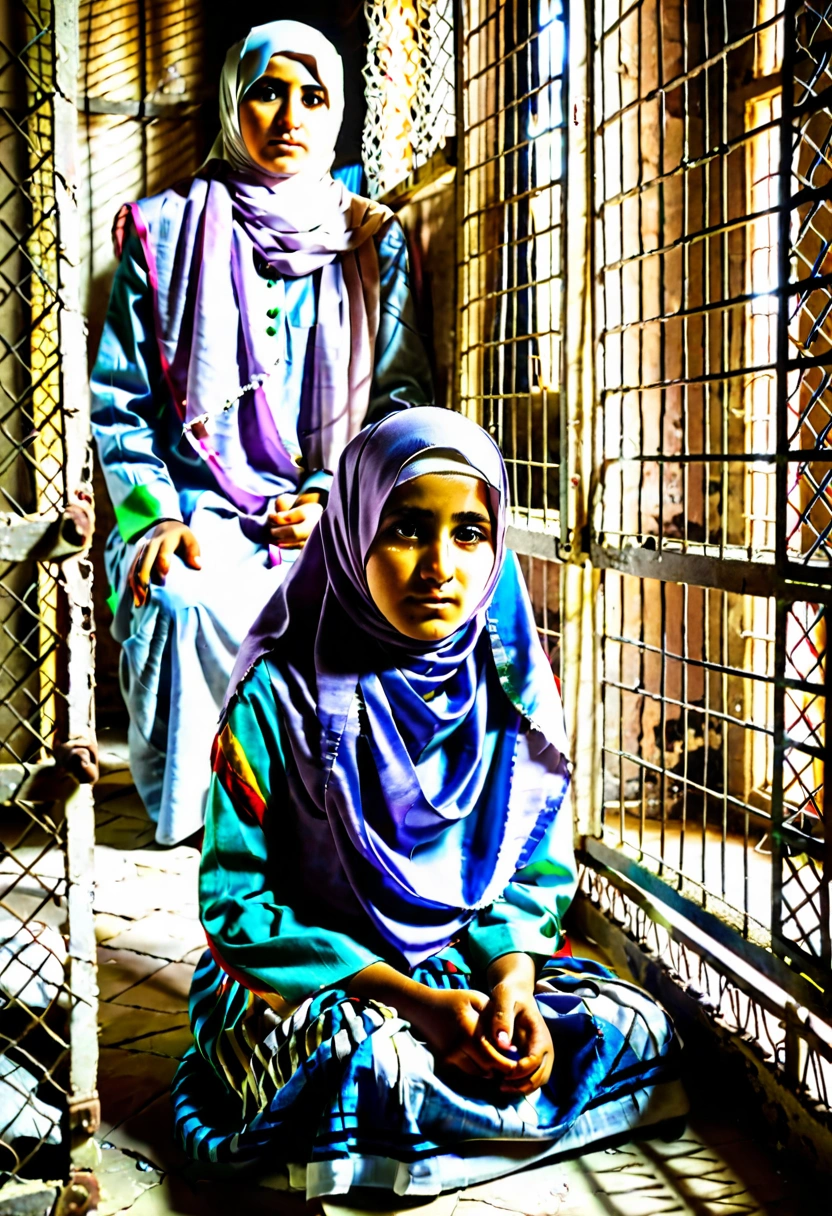 Kurdish girl in straight hijab sitting behind shutter prisoned prison cage abandoned room dark room portrait