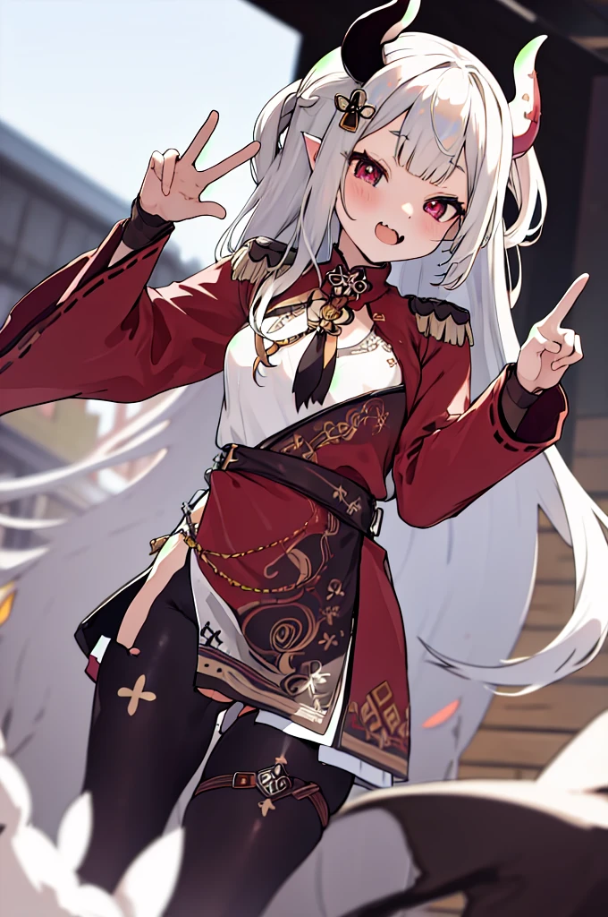 masterpiece, best quality, highres, hmnaa, hair ornament, mask on head, long sleeves, wide sleeves, epaulettes, black pantyhose, thigh strap, bell, cowboy shot, fang, outdoors, peace sign,(nsfw)