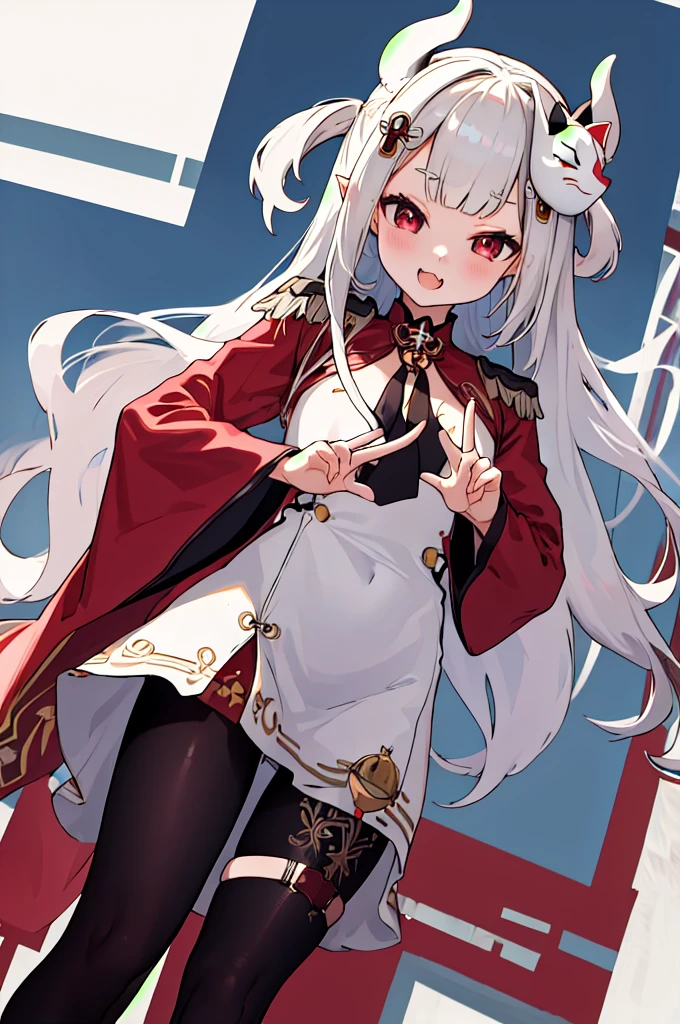 masterpiece, best quality, highres, hmnaa, hair ornament, mask on head, long sleeves, wide sleeves, epaulettes, black pantyhose, thigh strap, bell, cowboy shot, fang, outdoors, peace sign,(nsfw)