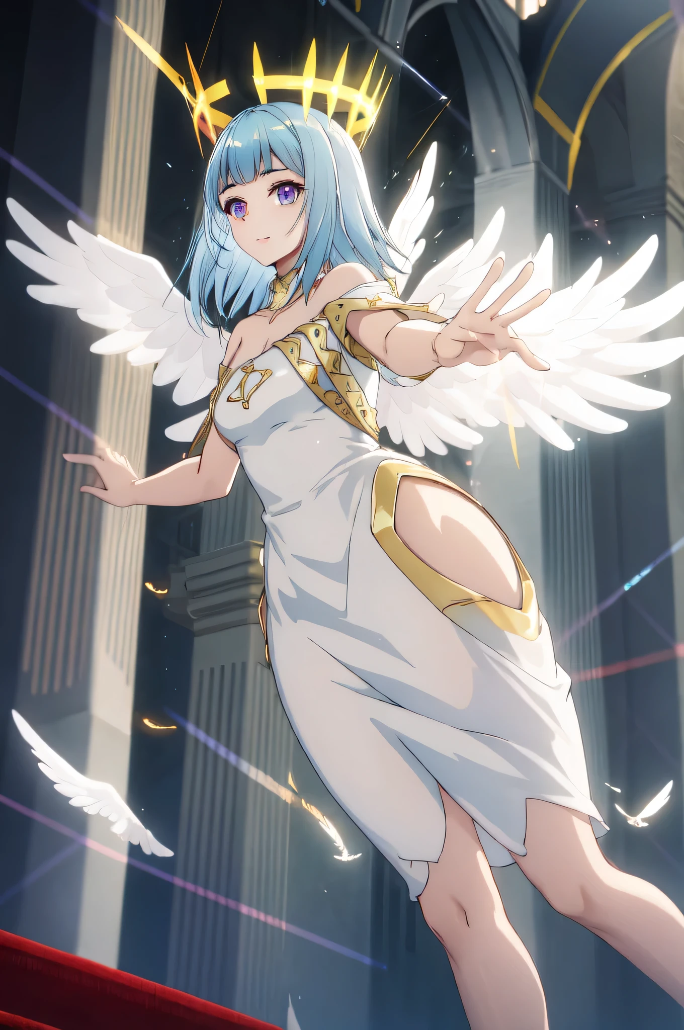 masterpiece, best quality, AltSiaV4, 1girl, solo, church background, dress, wings, halo, feathered wings, angel wings, angel, multiple wings, looking at viewer