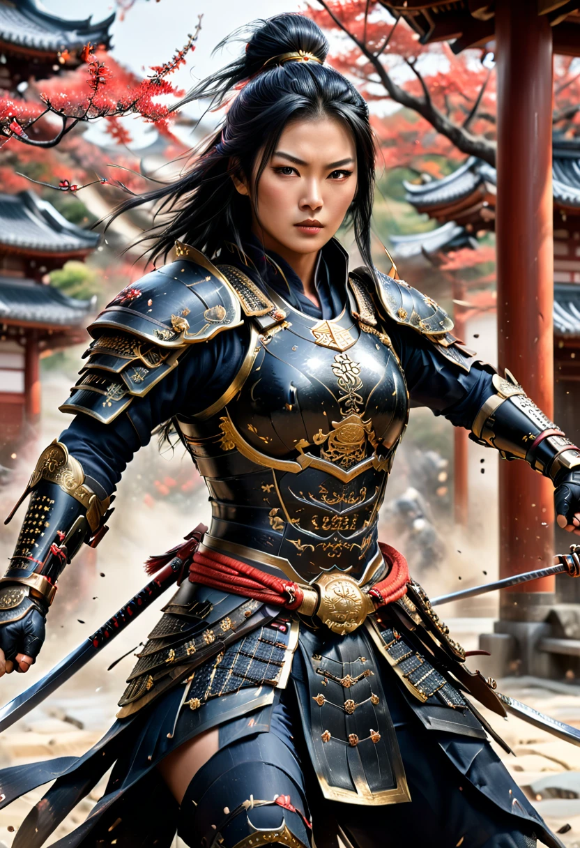 a picture of Japanese female samurai, she has long black hair, wearing niji armor, armed with a katana, ready for battle, dynamic angle, full budy, Japanese fantasy art, Japanese temple background, (Masterpiece: 1.5), 16k, highres, best quality, high details, ultra detailed, masterpiece, best quality, (extremely detailed), arafed, dnd art,