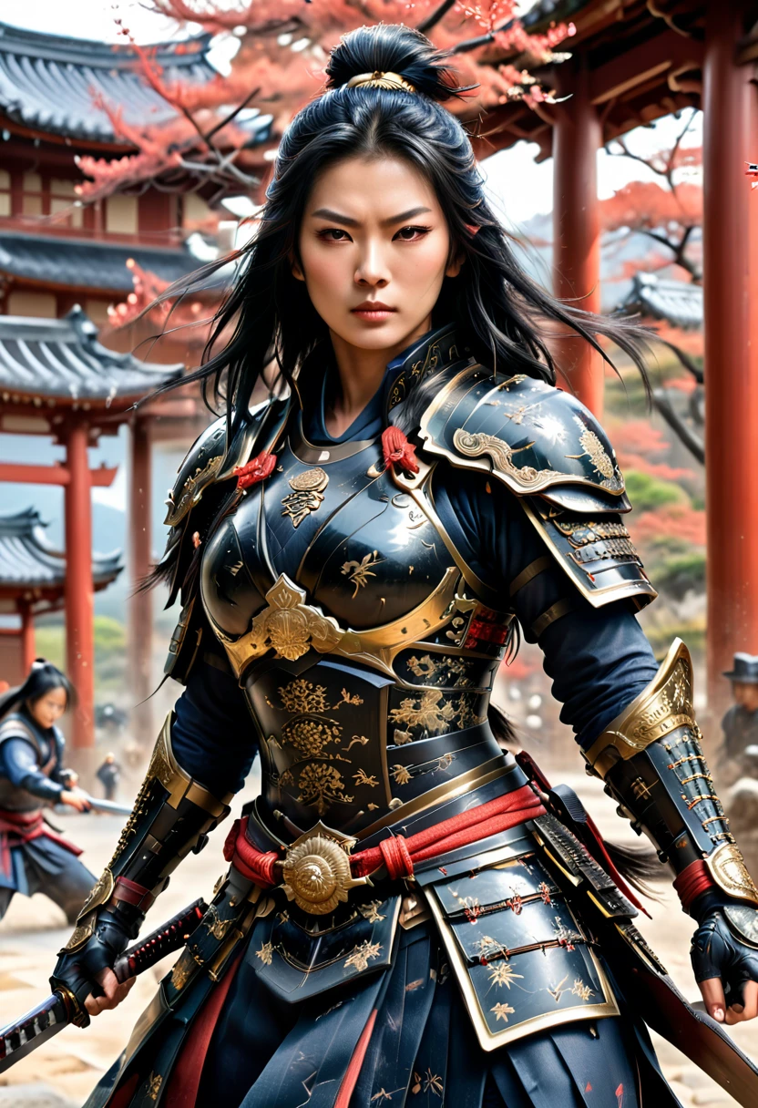 a picture of Japanese female samurai, she has long black hair, wearing niji armor, armed with a katana, ready for battle, dynamic angle, full budy, Japanese fantasy art, Japanese temple background, (Masterpiece: 1.5), 16k, highres, best quality, high details, ultra detailed, masterpiece, best quality, (extremely detailed), arafed, dnd art,