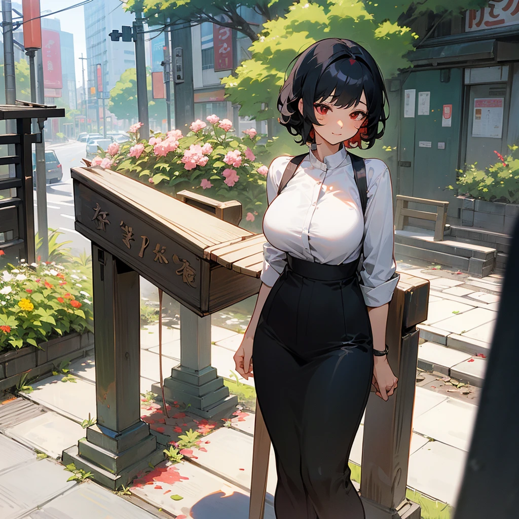 1female, adult, sexy, big breast, finely detailed red eyes, curly short hair, black hair color, open yukata, standing on ruined building, day time, excited expression, sitting on bench, flowers, tokyo streets