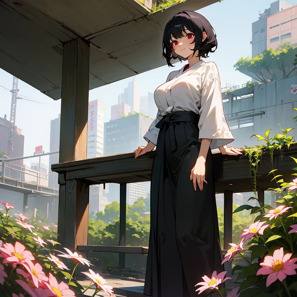 1female, adult, sexy, big breast, finely detailed red eyes, curly short hair, black hair color, open yukata, standing on ruined building, day time, excited expression, sitting on bench, flowers, tokyo streets