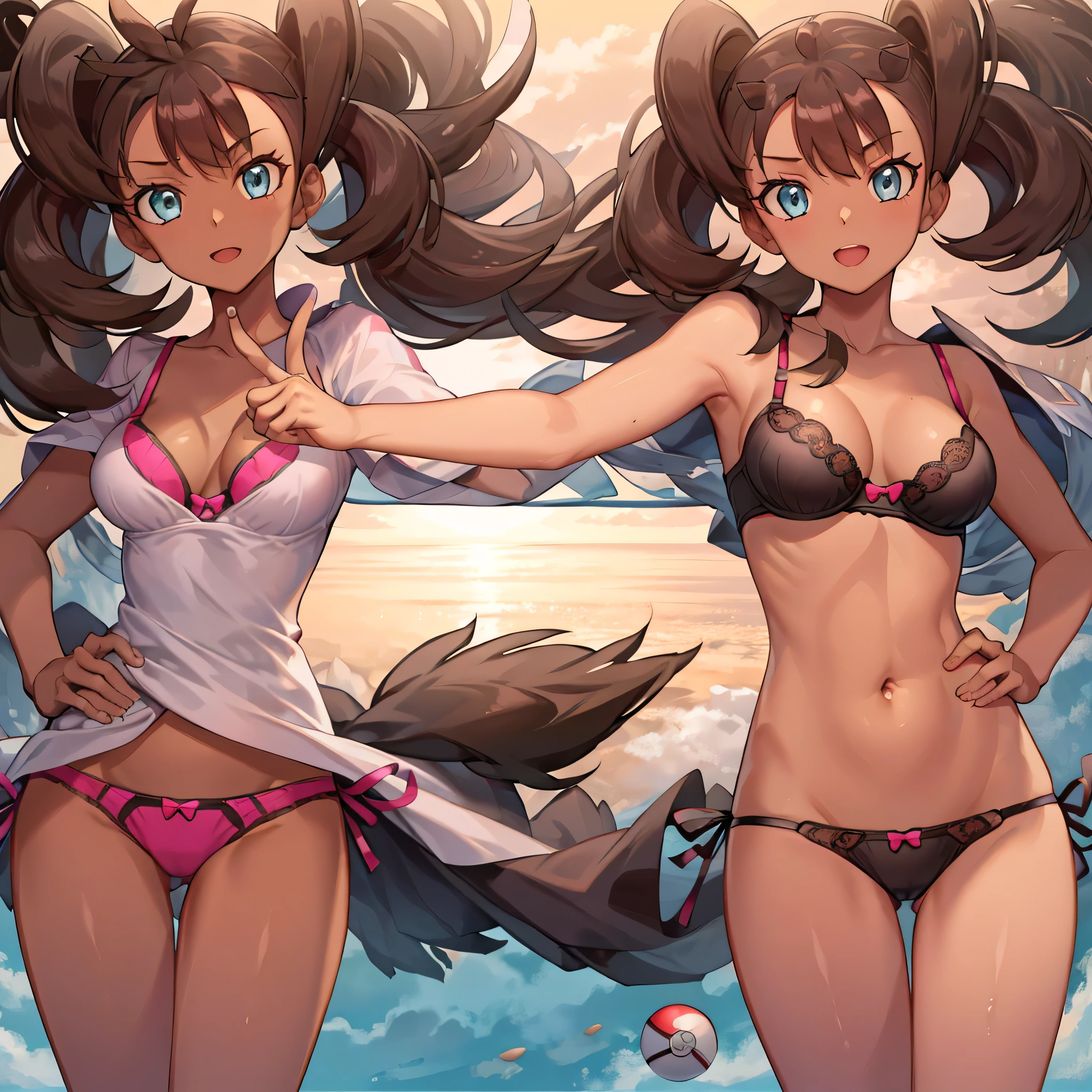 (masterpiece:1.2), (best quality), (ultra detailed), (8k, 4k, intricate),(full-body-shot:1), (highly detailed:1.2),(detailed face:1.2), (detailed background),detailed landscape, ((portrait)), (dynamic pose:1.2) shauna, 1girl, (dark skin, dark-skinned female:1.5), 1girl, ((solo)), breasts, looking at viewer, smile, open mouth, blue eyes, brown hair, shirt, ribbon, jewelry, medium breasts, pink bra, pink panties, nsfw, collarbone, cowboy shot, bowties, hand on hip, index finger raised, poke ball, poke ball (basic),