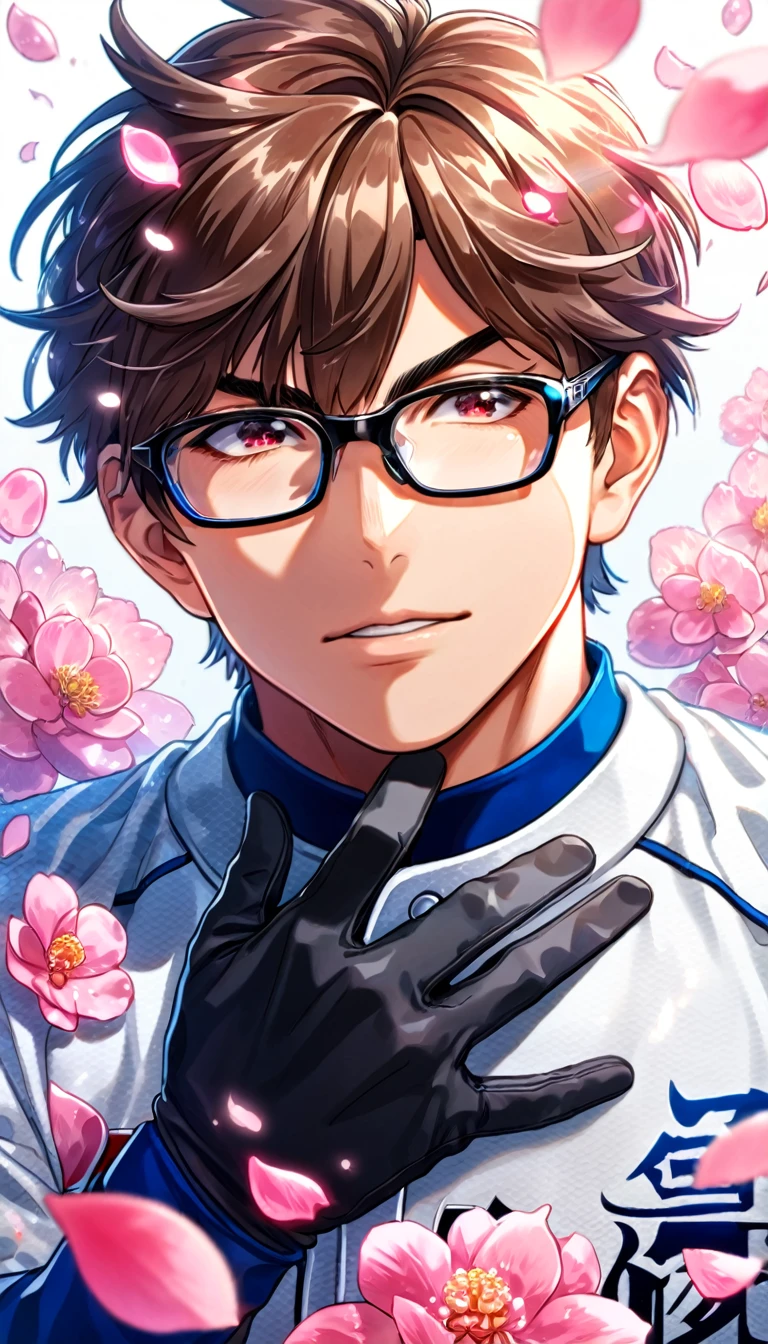 absurdres, highres, ultra detailed, HDR, master piece, best quality, Miyuki Kazuya, brown hair, messy and windswept, expressive amber eyes, glasses with black frames, diamond no ace, solo, sexy man, handsome, white baseball uniform, black gloves, magical, fantasy, shining, pink flowers, pink blossoms, pink butterflies, pink petals, water
