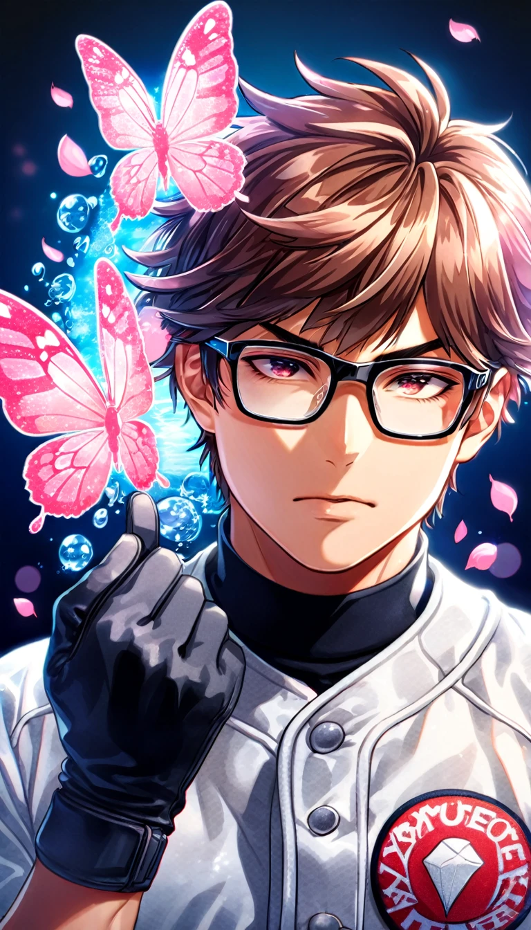 absurdres, highres, ultra detailed, HDR, master piece, best quality, Miyuki Kazuya, brown hair, messy and windswept, expressive amber eyes, glasses with black frames, diamond no ace, solo, sexy man, handsome, white baseball uniform, black gloves, magical, fantasy, shining, pink flowers, pink blossoms, pink butterflies, pink petals, water