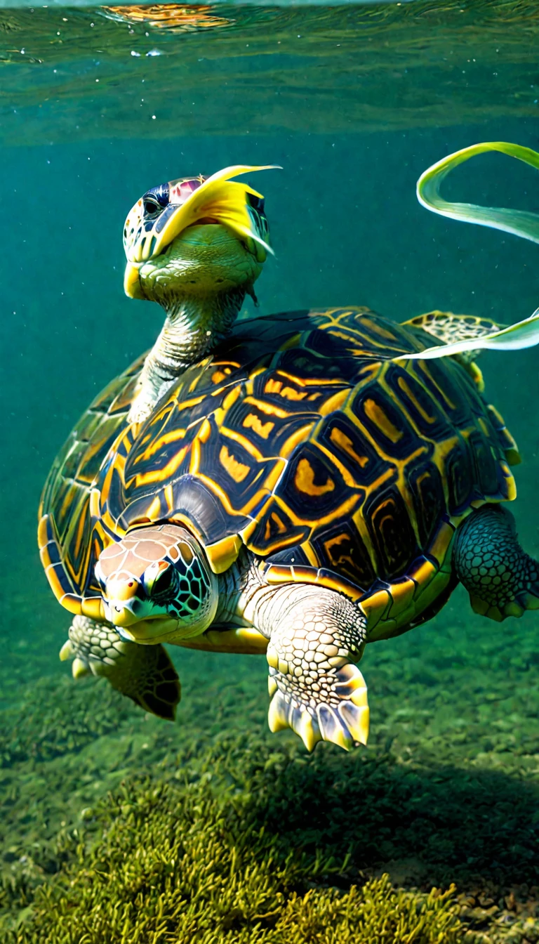 There are many magical turtles living at the bottom of the river,Its shape is no different from that of a turtle.,But it was a bird's eye view but a snake's tail,Mysterious Creatures, shrike, (best quality,4k,8k,High level,masterpiece:1.2),Ultra Detailed,(lifelike,Photo real,Photo real:1.37),Highly detailed animals,Complex patterns,Dramatic lighting,Fantasy Creatures