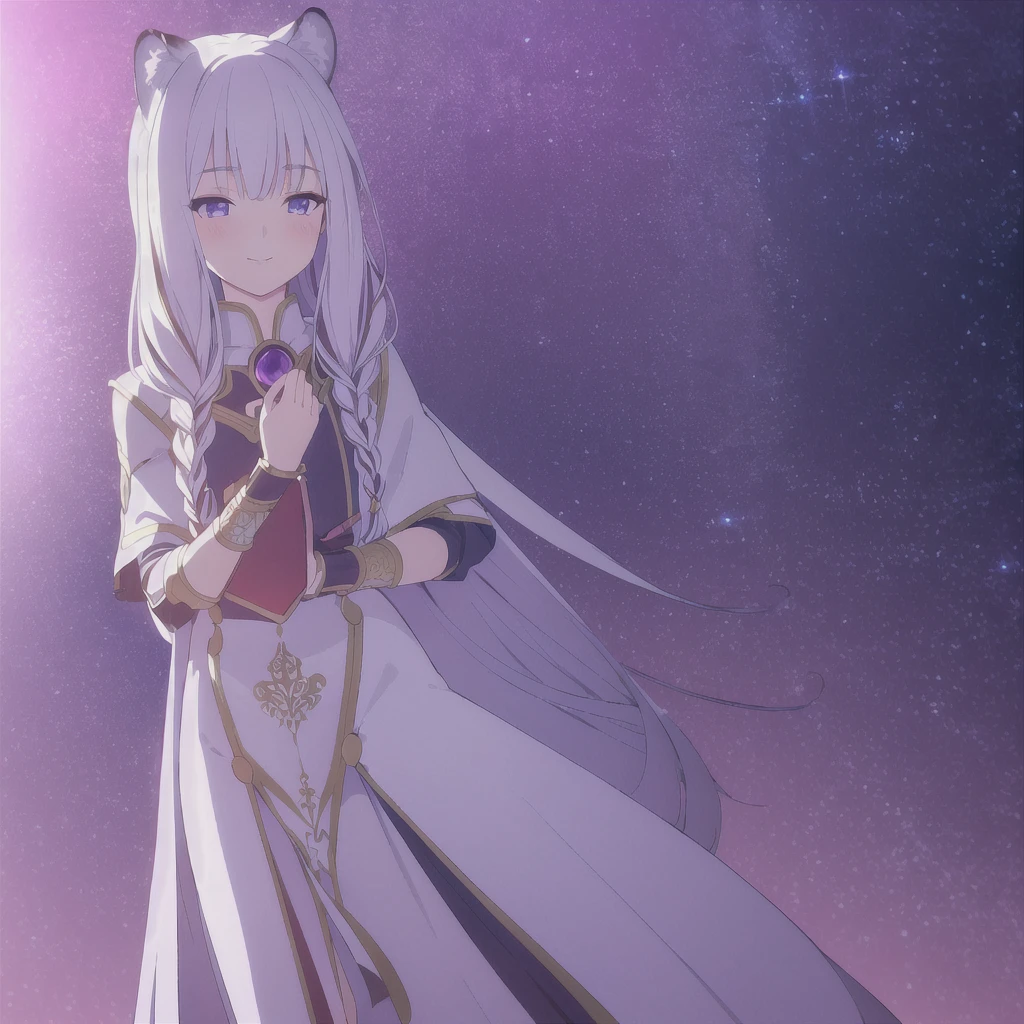 ((masterpiece)), (best quality), (ultra-detailed), photorealistic, (best illustration), ((an extremely delicate and beautiful)), 1girl, solo, long hair, tiger ears, [:tiger tail under:0.2], white hair, two-tone hair, full body, knight armor, crimson glowing details on armor, amulet on neck, Bracelets, crimson crystals in Bracelets, long lilac cape, open eyes, evil purple eyes, looking at viewer, malicious smile, blush, in space, goddess, low twin braids, loosen hair, quiet gesture, white armor, cybernetic armor, hyper detailed space,best illumination. 