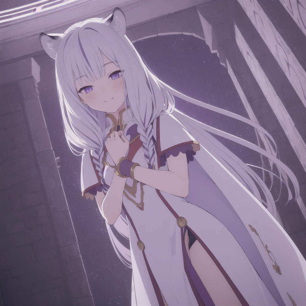 ((masterpiece)), (best quality), (ultra-detailed), photorealistic, (best illustration), ((an extremely delicate and beautiful)), 1girl, solo, long hair, tiger ears, [:tiger tail under:0.2], white hair, two-tone hair, full body, knight armor, crimson glowing details on armor, amulet on neck, Bracelets, crimson crystals in Bracelets, long lilac cape, open eyes, evil purple eyes, looking at viewer, malicious smile, blush, in space, goddess, low twin braids, loosen hair, quiet gesture, white armor, cybernetic armor, hyper detailed space,best illumination. 