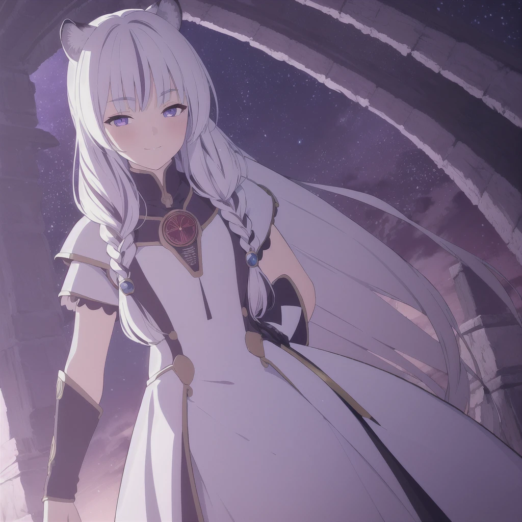 ((masterpiece)), (best quality), (ultra-detailed), photorealistic, (best illustration), ((an extremely delicate and beautiful)), 1girl, solo, long hair, tiger ears, [:tiger tail under:0.2], white hair, two-tone hair, full body, knight armor, crimson glowing details on armor, amulet on neck, Bracelets, crimson crystals in Bracelets, long lilac cape, open eyes, evil purple eyes, looking at viewer, malicious smile, blush, in space, goddess, low twin braids, loosen hair, quiet gesture, white armor, cybernetic armor, hyper detailed space,best illumination. 