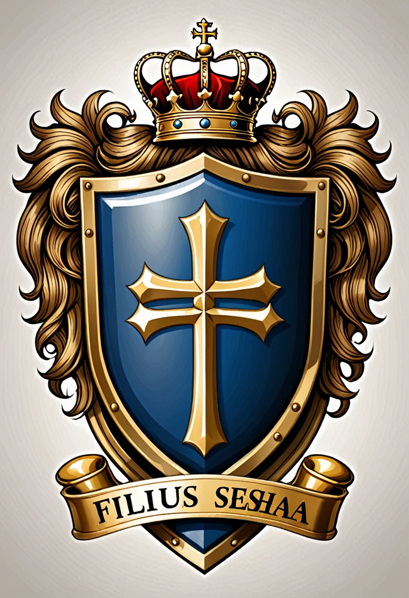. Personal logo or insignia: Shield , stylised crown sits atop the shield, lawyer's wig, a judge's gavel, a cross. The motto "Fillius Yeshua" at the base of the shield