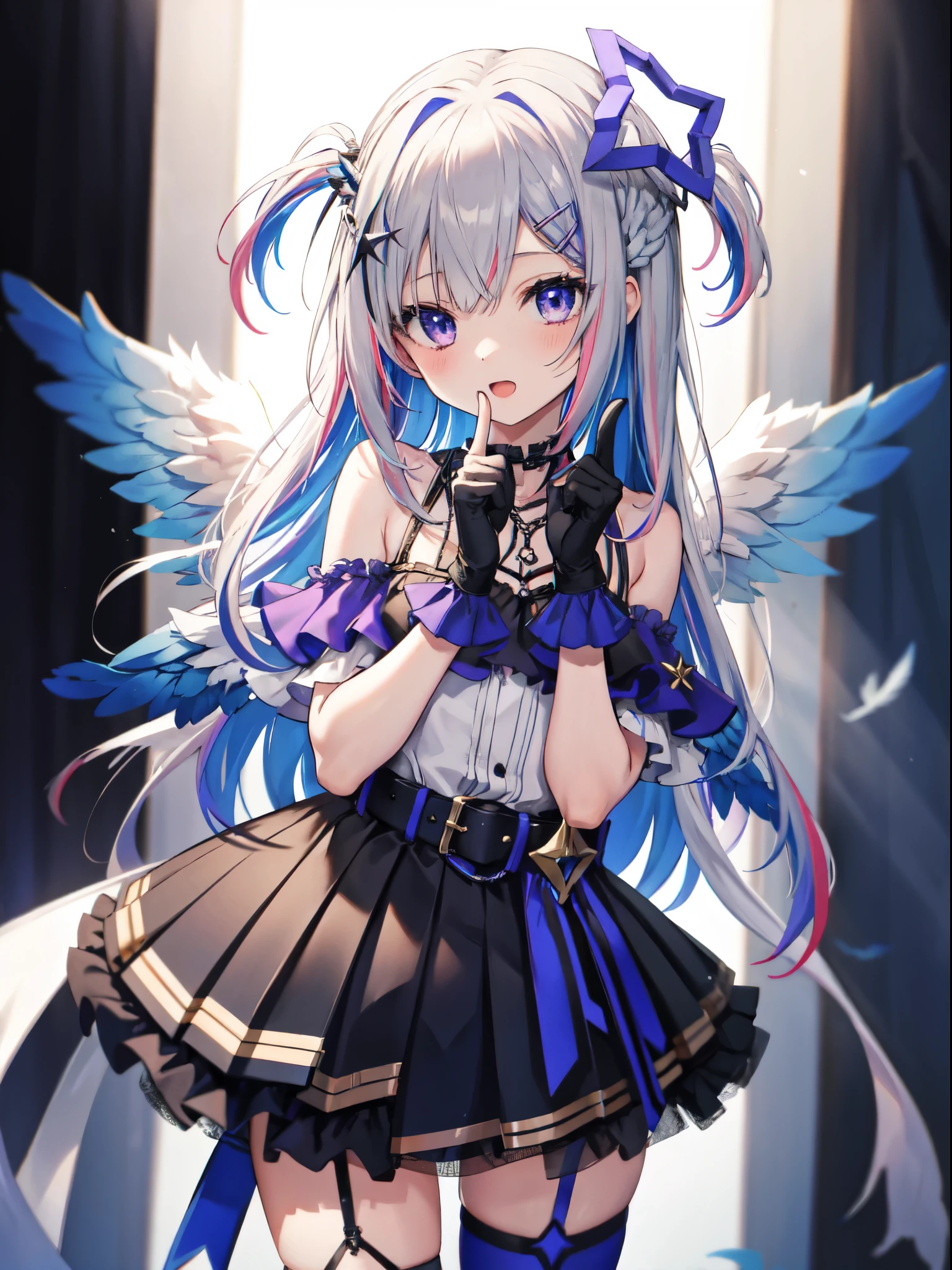 1girl, solo, long hair, gloves, wings, multicolored hair, official alternate hair length, grey hair, colored inner hair, blue hair, angel wings, purple eyes, halo, star halo, partially fingerless gloves, angel, thigh strap, black gloves, hair ornament, dress, smile, looking at viewer, bangs, open mouth, two side up, jewelry, feathered wings, pleated dress, single thighhigh, black dress, frills, bare shoulders, thighhighs, hairclip, necklace, gradient dress, belt, cowboy shot, index finger raised, finger to mouth, sleeveless, white wings