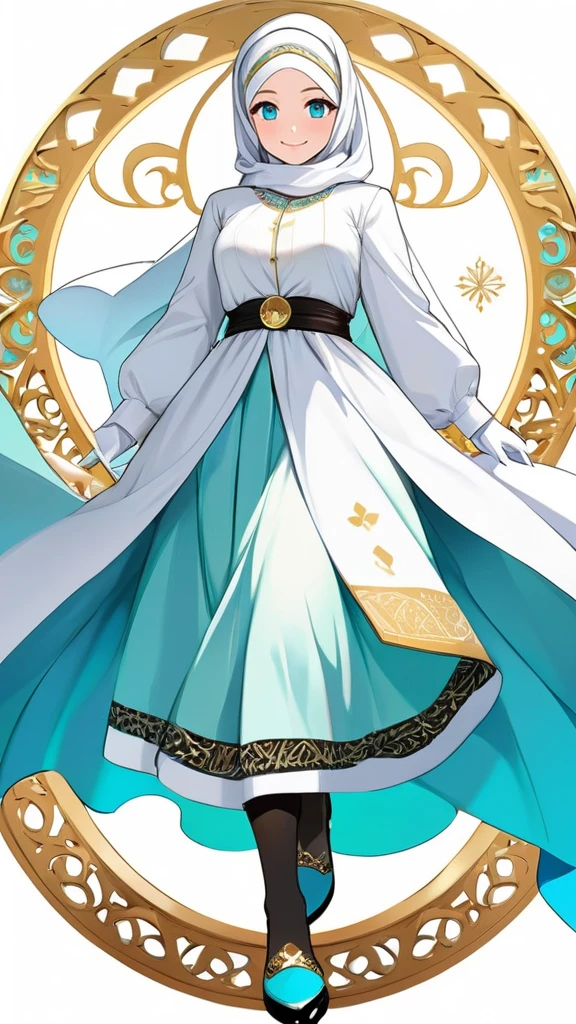 High-resolution anime digital art, Masterpiece, Mature, Humble, Kind, Smart, pupil Aqua blue eyes, wearing white hijab, Wearing long cyan dress, Women's white fabric gloves, female black shoes, happy face, vivid colours, anime style, white background gold circle Arabic Islam style,