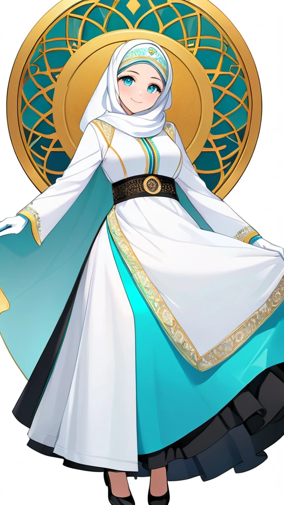 High-resolution anime digital art, Masterpiece, Mature, Humble, Kind, Smart, pupil Aqua blue eyes, wearing white hijab, Wearing long cyan dress, Women's white fabric gloves, female black shoes, happy face, vivid colours, anime style, white background gold circle Arabic Islam style,