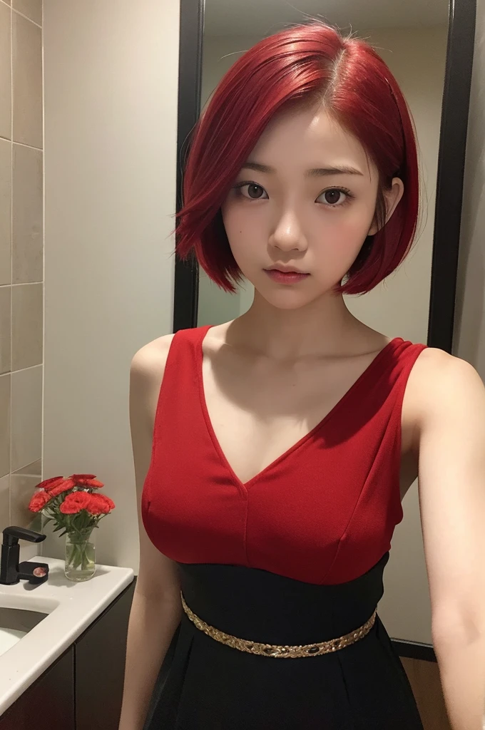 14 year old ager japanese girl with short VERY BRIGHT RED HAIR haired bob straight face holding flowers medium quality in a bathroom looking at the mirror while taking a selfie with her phone imperfect skin wearing a black kpop outfit