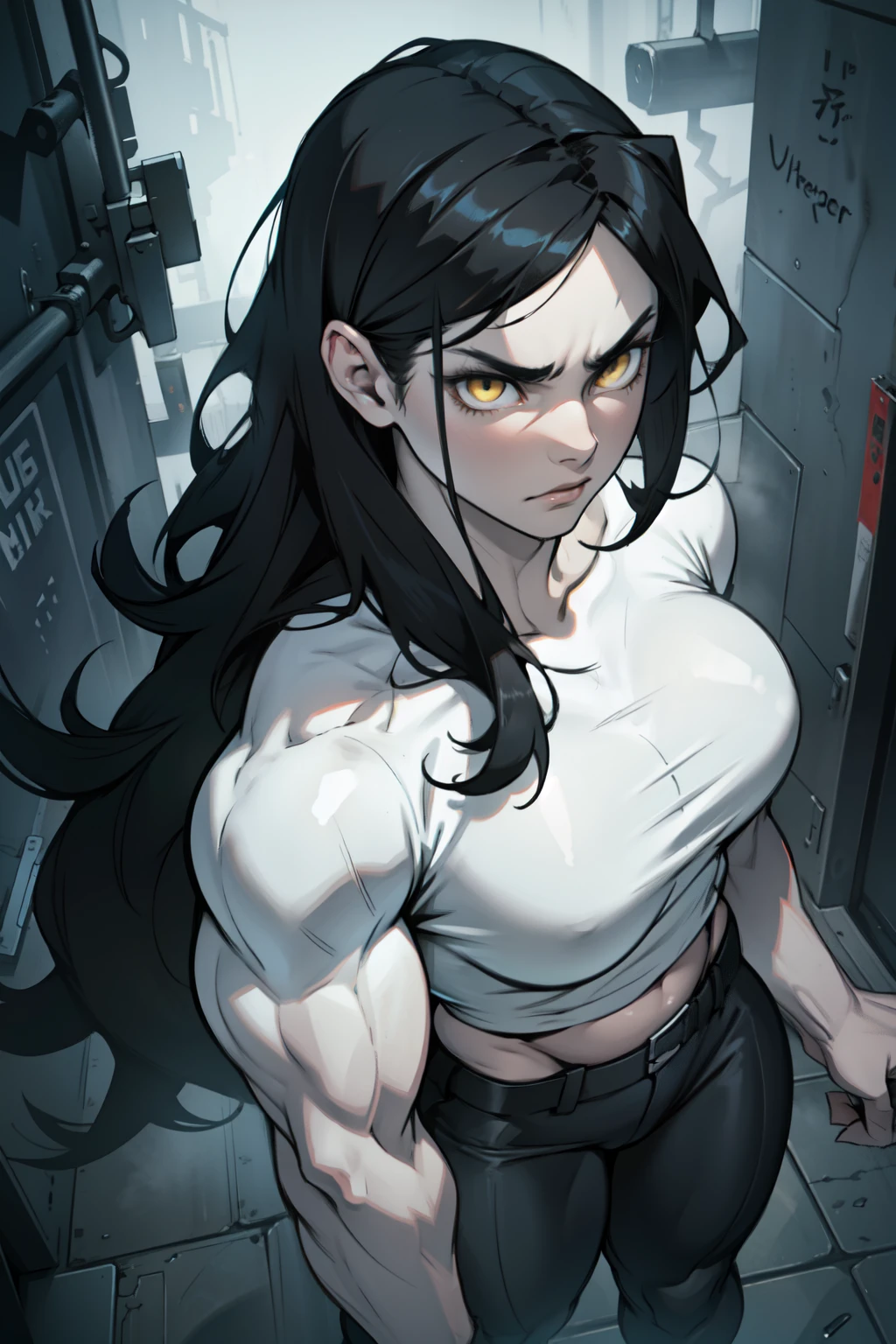 huge  1girl black hair yellow eyes very long hair pale skin angry (((muscular))) dark atmosphere foggy from above 