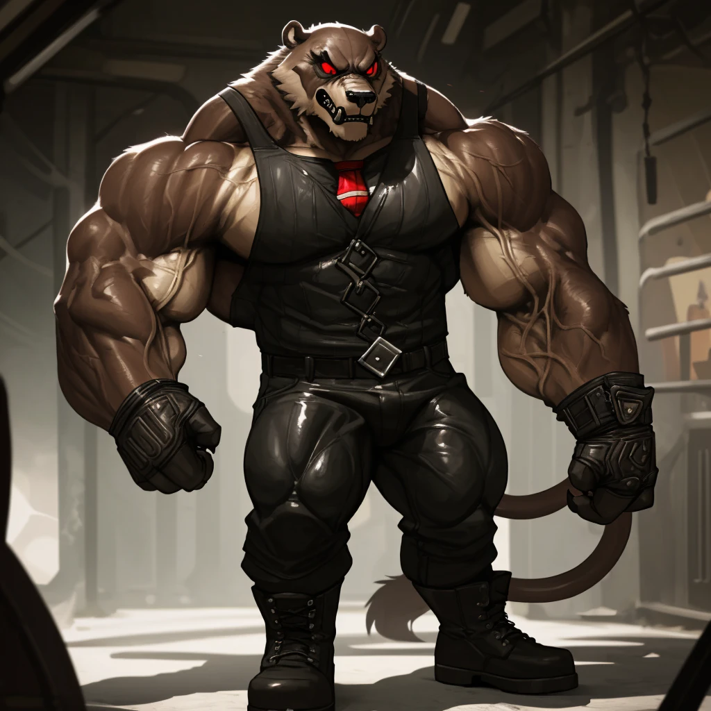 a huge muscular old grizzly bear, bane from batman, extremely detailed, hyper realistic, 8k, photorealistic, ultra detailed, extremely sharp focus, intricate details, cinematic lighting, dramatic shadows, powerful presence, bane leather mask, fierce expression, veins popping, huge muscles, black tank top, black tight pants, boots, venom tank extracting tube, thick fur, gloves and wristbands, sharp claws, intense red eyes 