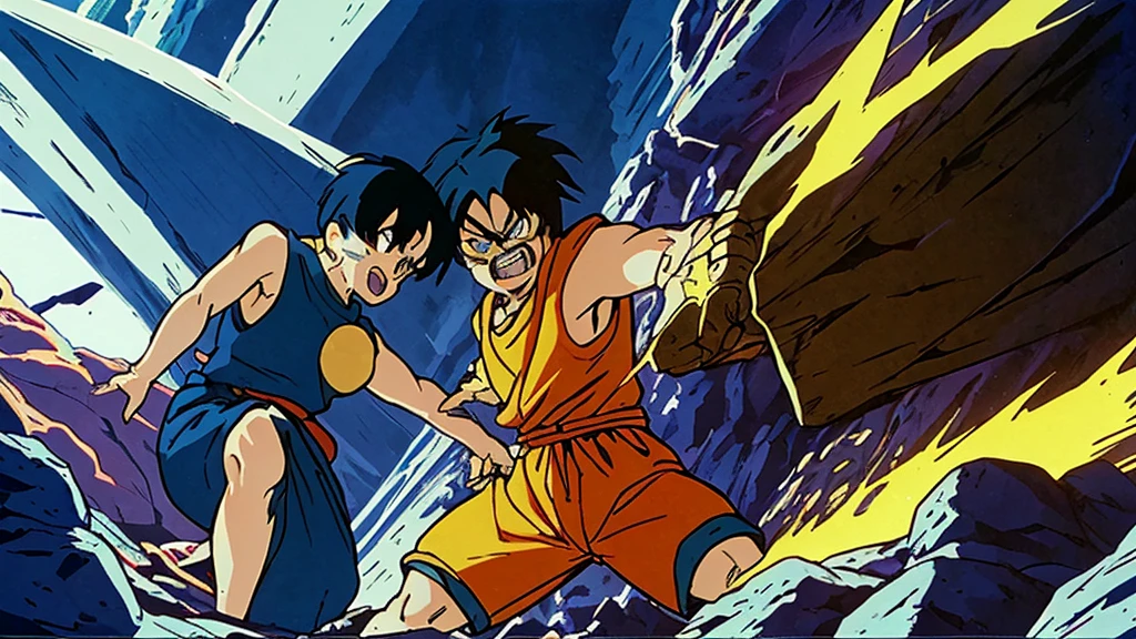 Create an image of Goku fighting Bulma. both fighting with 100% of their power in a completely destroyed environment. aura of power around them