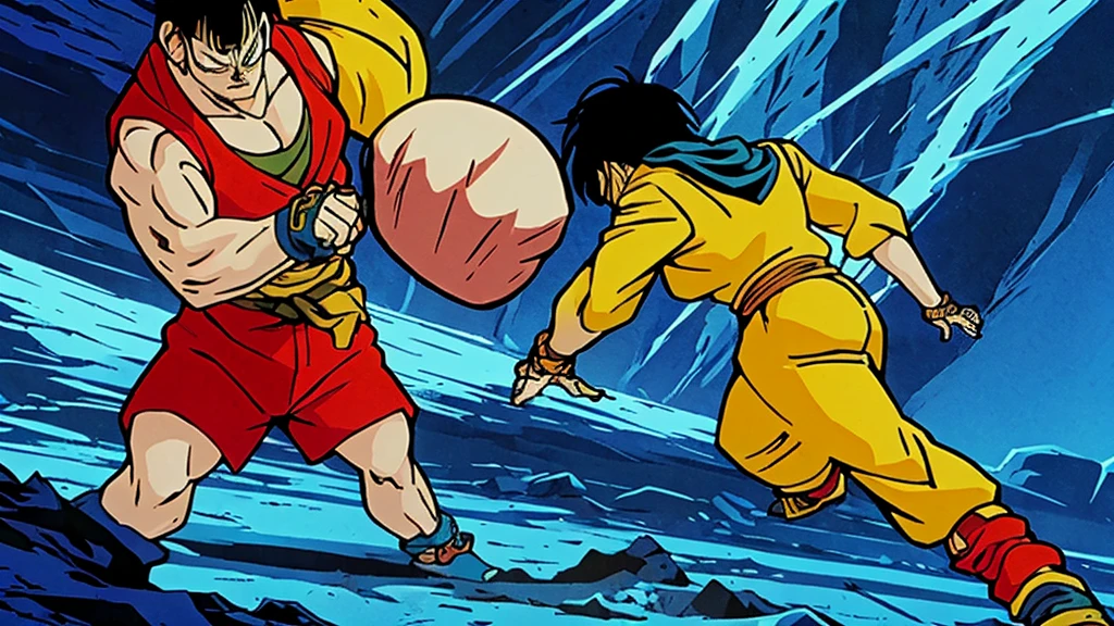 Create an image of Goku fighting Bulma. both fighting with 100% of their power in a completely destroyed environment. aura of power around them