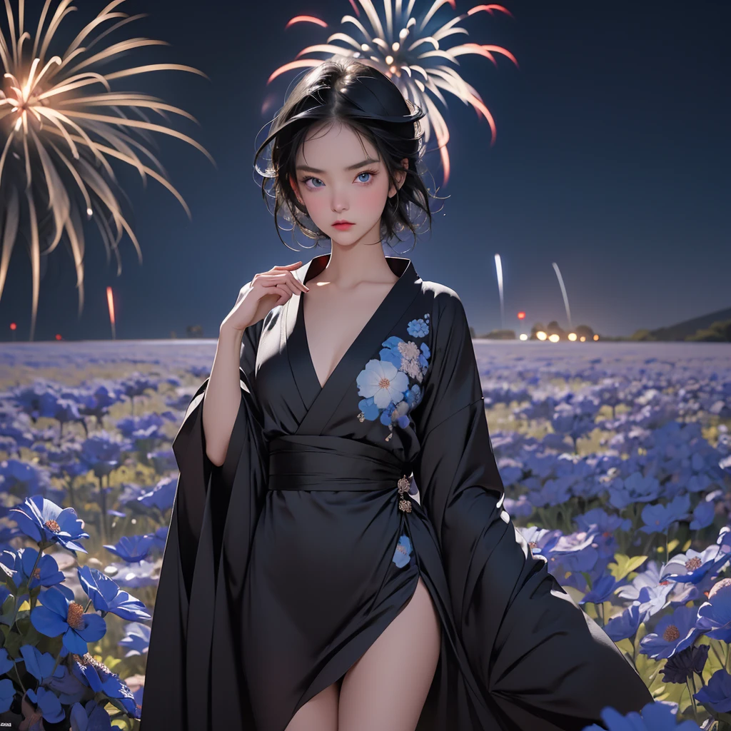 1girl, short black hair, blue eyes, wearing sexy black kimono dress, watching fireworks in the middle of a vast blue flower field, night, angry face, close up, 8K, Hi-Res
