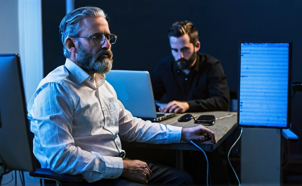 An old man with gray hair, a beard, and glasses, wearing a white shirt, sits on the left side of the picture. He was hooked up to a polygraph machine with a variety of sensors: two black pneumograph tubes coiled horizontally across his chest and upper abdomen to his back, a sensor probe with wires sticking out of his right fingers, and a blood pressure cuff on his upper left arm. He sat up straight and faced slightly to the left. In the background, a bearded young man sits on the right side, wearing dark clothing, and focused on a laptop, monitoring a polygraph machine. This room is dark with blue light sources on the left and right sides