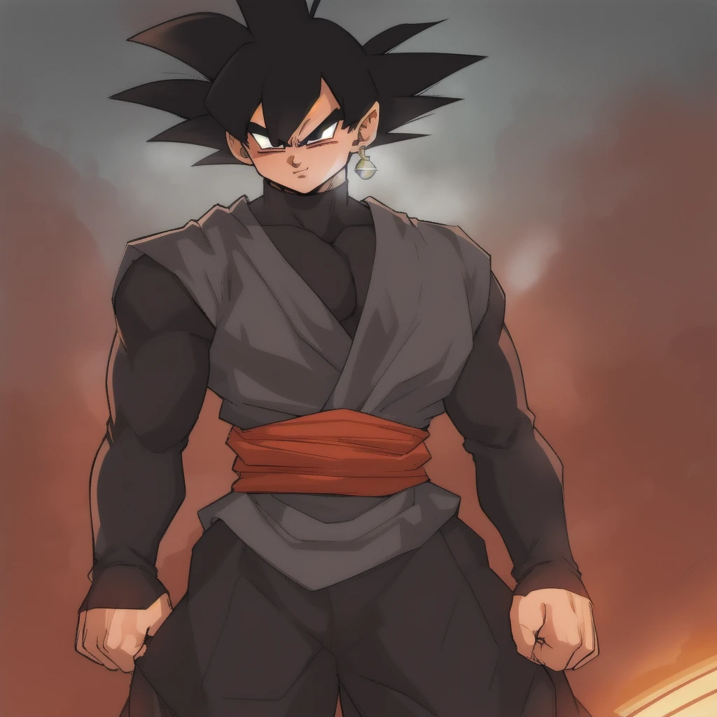 Best_QualityPos, RAW photo, intricate details, best quality, 8k uhd, soft lighting, 1boy, solo, black eyes, black hair, spiked hair, single earring, dougi Goku_Black gamer