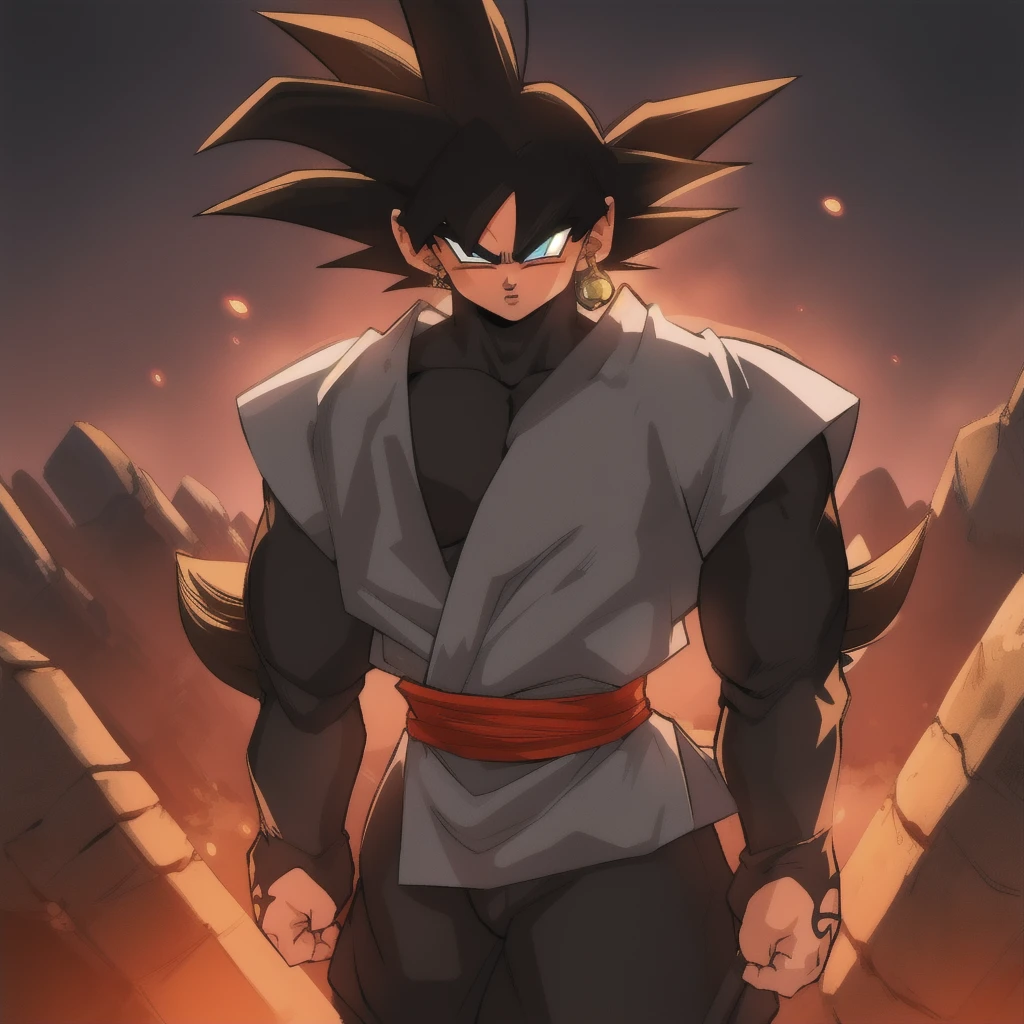 Best_QualityPos, RAW photo, intricate details, best quality, 8k uhd, soft lighting, 1boy, solo, black eyes, black hair, spiked hair, single earring, dougi Goku_Black gamer