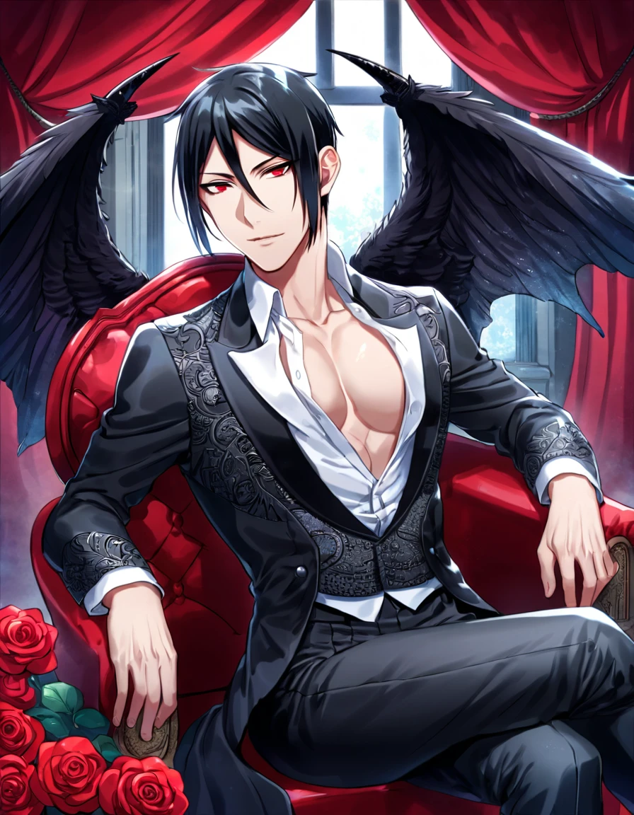 Ultra detailed, Highres, absurdres, HDR, Sebastian Michaelis, black hair, expressive red eyes, black coat with patterns, Kuroshitsuji, white shirt, fantasy, red curtains, petals, handsome, sexy man, solo, very detailed eyes and face, master piece, toned chest, mansion, window, sitting, throne, black pants, Black Butler, black demon horns, black wings, magical, red roses, black feathers, demon, red moon