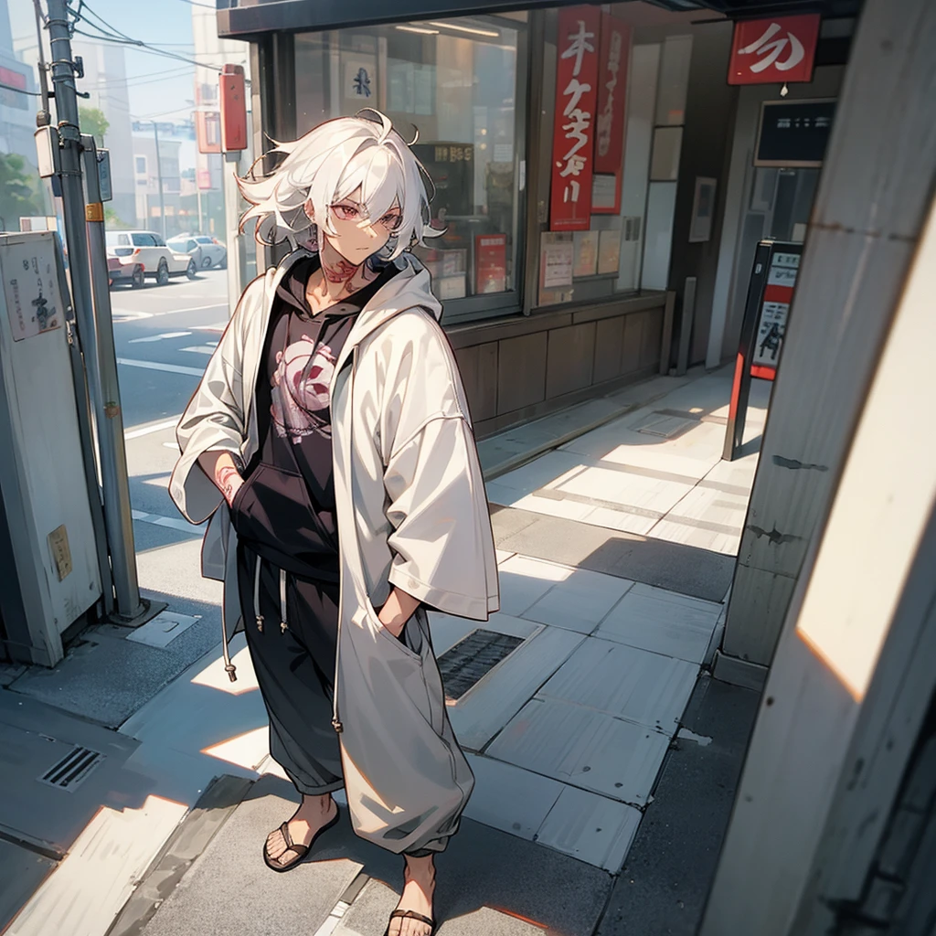 1male, adult, finely detailed plum eyes, wild medium hair, seashell white hair color, hoodie, baggy pants, standing on building, day time, tokyo streets, calm expression, muscular, tattoos