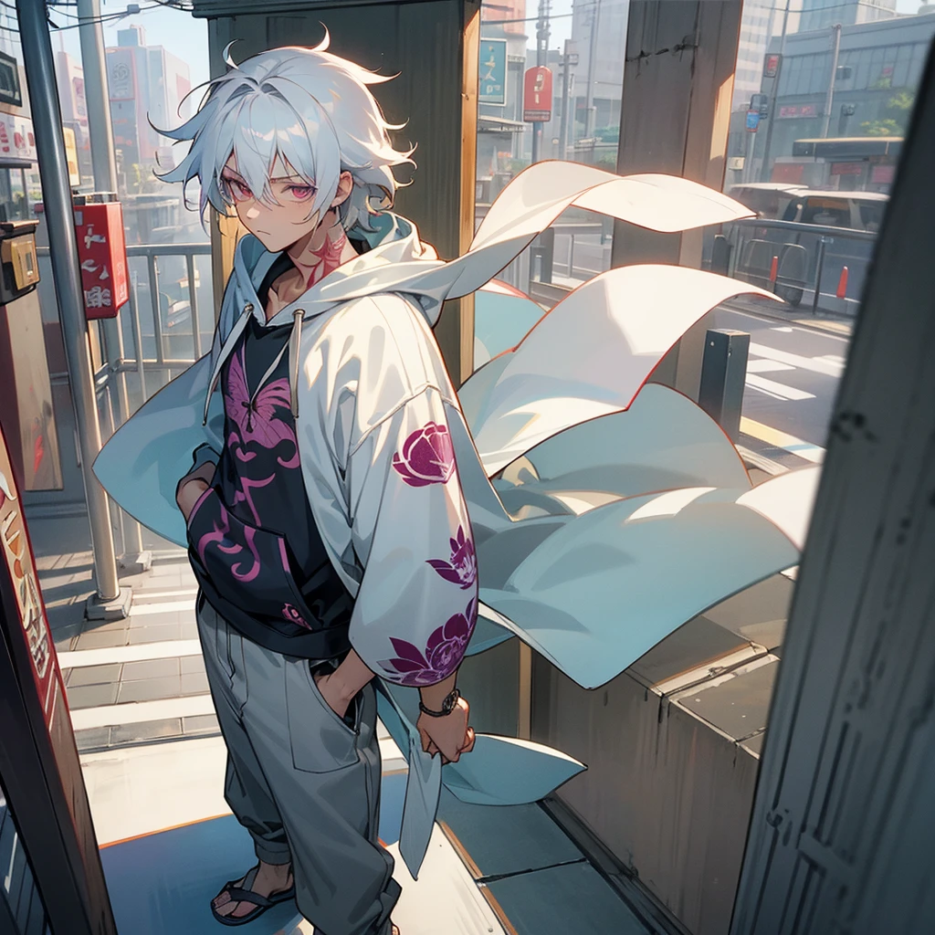1male, adult, finely detailed plum eyes, wild medium hair, seashell white hair color, hoodie, baggy pants, standing on building, day time, tokyo streets, calm expression, muscular, tattoos